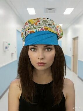 Surgical  Hat with Bright Blue Band and Colorful Pattern